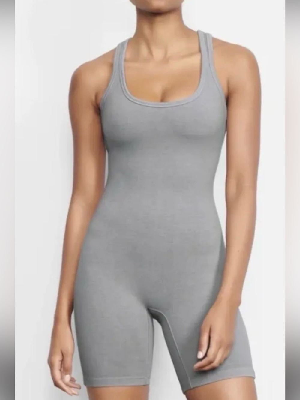 SKIMS Grey Scoop-Neck Ribbed Tank Romper Jumpsuit